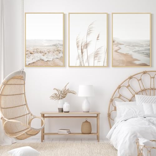 Beach Wall Art Boho Prints Coastal Canvas Wall Art FRAMED Beach Pictures Pampas Grass Ocean Poster Plant Landscape Scene Artwork for Living Room Bedroom Decor 12x16 Inch Set of 3 - color: Beach Art Prints, size: 16"L x 12"W