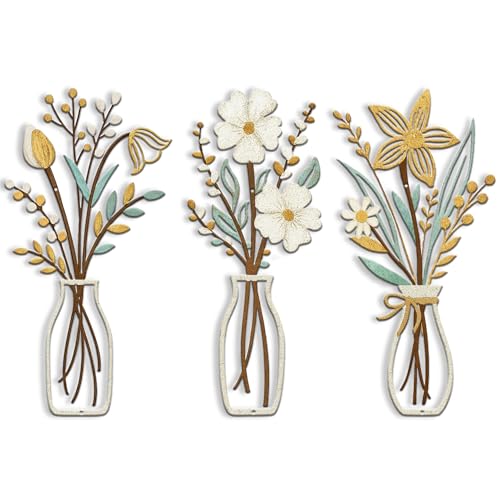 3 Piece Metal Flower Wall Art for Bedroom Living Room Rustic Farmhouse Floral Wall Decor for Bathroom Dining Room Boho Home Decorations Modern Minimalism Walls Hanging Sculptures(Gold Yellow White) - color: Gold Yellow White & Vase Flower