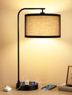 Innqoo Black Table Lamp for Bedroom with USB Port and Outlet, Dimmable Nightstand Bedside Lamps with Linen Lampshade, Desk Lamp for Home Office, Living Room, Guest Room, LED Bulb Included - color: G-Black Shade & Black Base