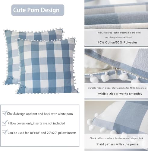 HOPLEE Farmhouse Light Blue Pillow Covers 24x24 Buffalo Check Pillows Covers Blue and White Pillow Covers with Pom Pom for Home Decor 24x24 Inches Set of 2 - color: Blue Plaid Pom, size: 24" x 24" (Pack of 2)