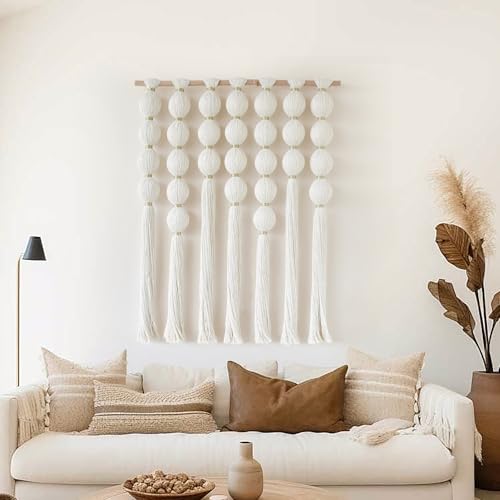 IOWER Macrame Wall Hanging Boho Wall Decor Ball Tassels Handmade Boho Woven Wall Decor for Living Room Bedroom Background 27" W x 39" L - color: Ivory with Gold