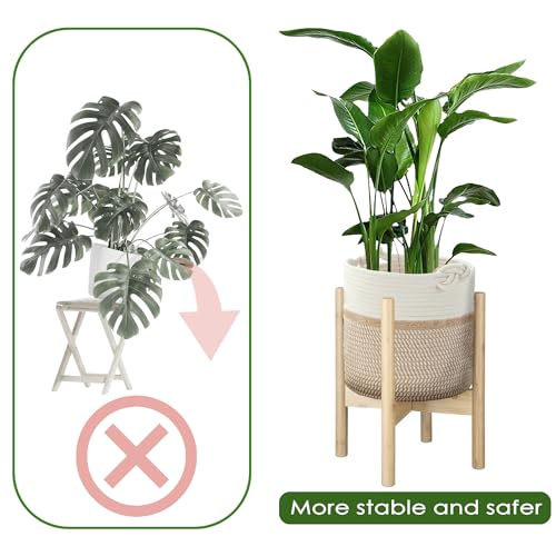 Flower Pot Rattan Plant Stand Planter with Stand, Tall Indoor Boho Woven Wicker Storage Basket with Adjustable Wood Shelf (White & Brown) - color: White & Brown