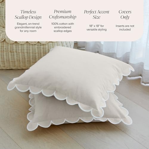 BEBE BASK Scalloped Pillow Cover - Set of 2 - 18 x 18 Inch - Scallop Pillow Cover Natural/White/Beige - 100% Cotton - Grandmillennial Style - color: Natural/White