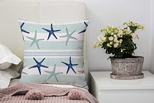 Nphuriy Coastal Navy Blue Pillow Cover, Coastal Starfish Repeat Pattern Navy Turquoise Square 16 x 16 Inches Decorative Throw Pillow Cover Cotton Linen Cushion for Sofa Bedroom Car, Blue - color: Multi 37