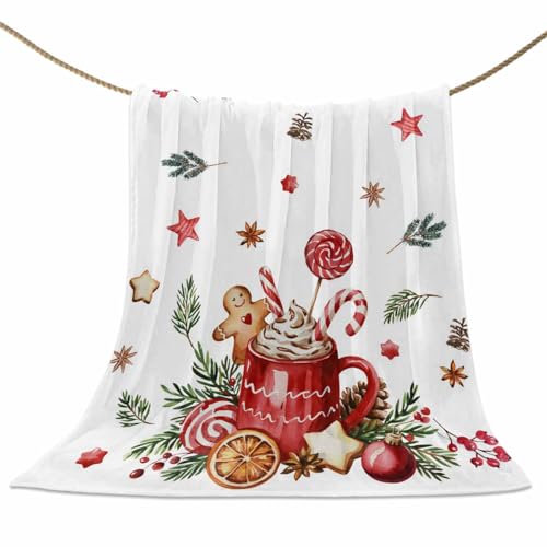 Christmas Throw Blankets, Gingerbread Candy Cane Soft Fleece Blanket Decorative for Home Sofa Couch Chair Living Bedroom Dorm,40x50 Inches, Hot Cocoa Holly Xmas Ball - color: Christmas-hot Cocoa, size: 40x50 Inch