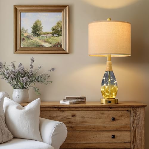 OYEARS 23" Table Lamps for Living Room Set of 2,Bedside Lamps for Night Stands, Rattan Lamps for Bedroom,Farmhouse Lamps with Glass Nightlight,Two Light Points - color: Yellow Blue