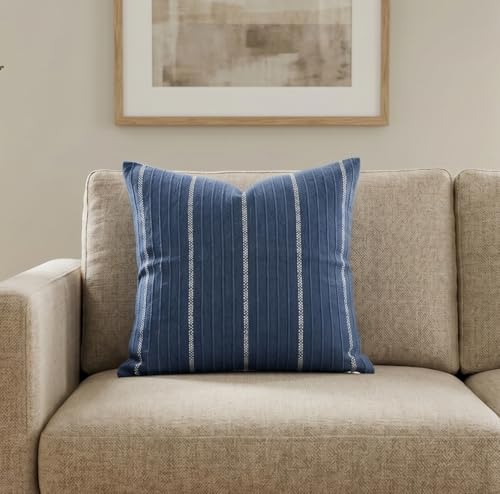 SanVia Cotton Throw Pillow Covers 20x20 – Handwoven Jacquard Texture, Fade-Resistant, No Pilling – Hidden Zipper, Decorative Cushion Cover for Sofa, Couch, Bed – Insert Not Included (Striped, Blue) - color: Navy Blue, size: 20" x 20"