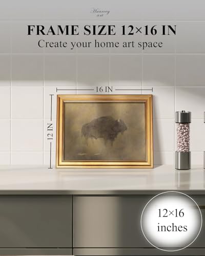 HUARCEY Gold Framed Canvas Wall Art, Retro Bison Picture Decor, Bedroom Bathroom Kitchen Farmhouse Decor, Moody Rustic Vintage Canvas Paintings, 12x16inch - color: Bison Art, size: 16"L x 12"W