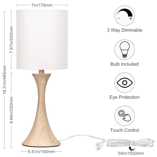 Bedside Touch Lamp, 3 Way Dimmable Touch Control Table Lamp, Wood Grain Farmhouse Table Lamp, Modern Nightstand Lamp with White Shade for Bedroom, Dorm, Office, 3000K LED Bulb Included - color: Wood Grain Base with White Shade