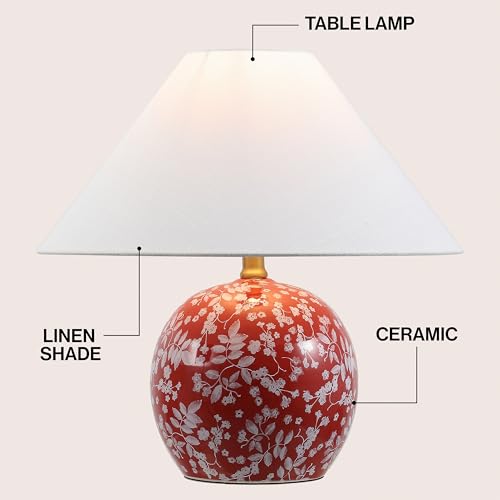 JONATHAN Y 17.25" Red/White Modern Cottage Floral Ceramic Globe Table Lamp for Bedroom, White Linen Shade, LED Bulb Included, French Country Home Decor (JYL5508B) - color: Red/White