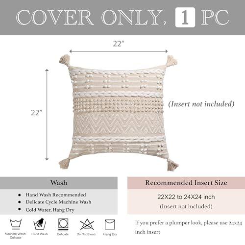 BlissBlush Boho Throw Pillow Cover 22X22, Large Decorative Accent Pillow for Couch, Square Woven Textured Pillowcase, Modern Boho Pillow for Bed, Bohemian Pillow Cover, Cream White (Pack of 1) - color: Cream White, size: 22" x 22" (Pack of 1)