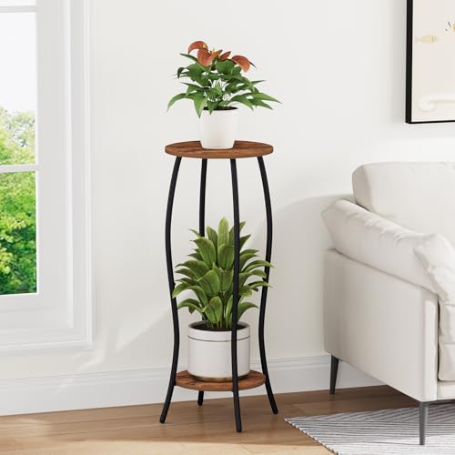 YINMIT Plant Stand Indoor, Tall Plant Stand, 2 Tier Plant Shelf Holder, Metal 4-Leg Corner Plant Stand for Indoor Plants, Wood Round Flower Stand for Living Room Balcony Garden, Retro