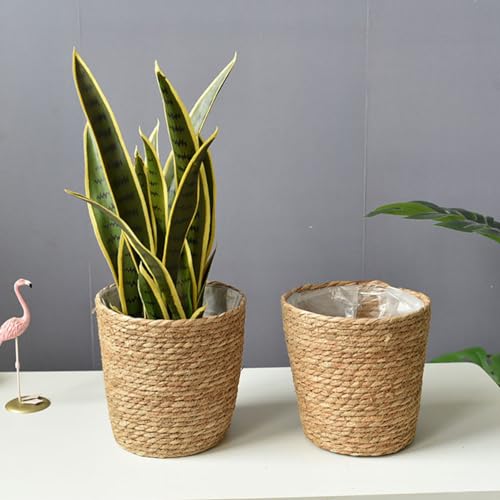 Beavorty Woven Flower Basket Hand Woven Straw Planter with Plastic Liner 8.66 Inch Indoor Decorative Plant Pot for Home Office Garden - size: 22X15CM
