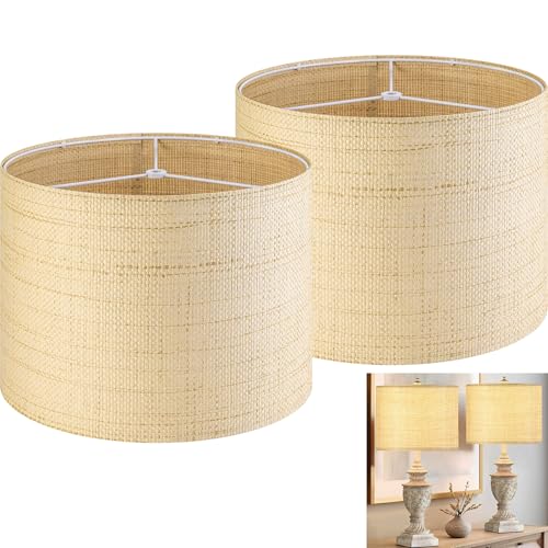 GO&SO Medium Drum Lamp Shades Set of 2 Woven Lampshades, 13" L x 13" H (E26 Spider),Farmhouse Lampshades for Table Lamp & Bedside Lamps, Replacement Lamp Shade In Hand Crafted,Easy Assembly Required - color: Hand-woven fabric, size: 13*13*10IN-2PC