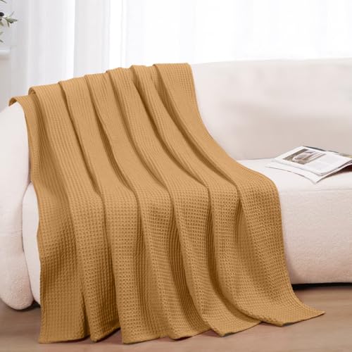 100% Cotton Blankets for Bed - Waffle Weave Blankets for Summer, Lightweight and Breathable Soft Woven Blanket for Spring (Orange, Queen (90" x 90")) - color: Beige, size: Queen (90" x 90")