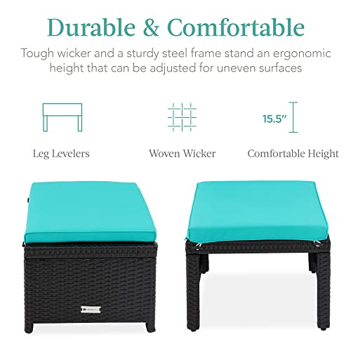 Best Choice Products Set of 2 Wicker Ottomans, Multipurpose Outdoor Furniture for Patio, Backyard, Additional Seating, Footrest, Side Table w/Removable Cushions, Steel Frame - Black/Teal - color: Black/Teal
