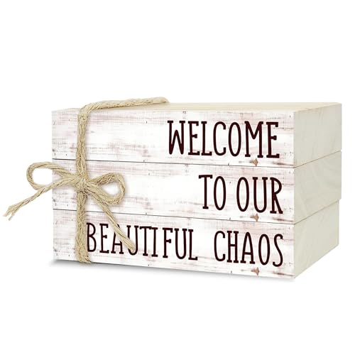 Ycyfckdr Decorative Wood Book Stack for Home, Welcome to Our Beautiful Chaos, Rustic Table and Living Room Bookshelf Farmhouse Decor (L70) - color: Welcome 6