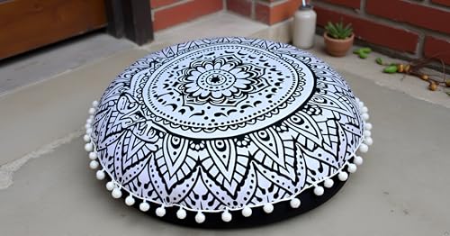 CRAFT KALA 32" Large Round Bohemian Floor Pillow Cover Boho Pouf Cover Mandala Meditation Room Pillows Cover Adults Seating Poufs Cushion Cover for Kids Reading Playroom Black Flower - color: Black Flower