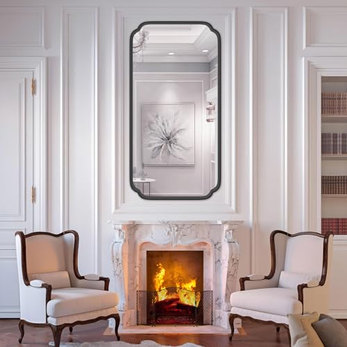 Ferytange 48 x 24 Inch Black Bathroom Vanity Mirror for Wall with Metal Frame Modern Rectangle Rounded Corner Wall Decor Mirror for Big Bathroom Over Sink (Horizontal/Vertical) - color: Black, size: 48"L x 24"W