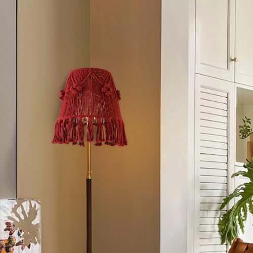 Wine Red Boho Woven Lamp Shade Bell Tassels Lampshade 7.5``Top x 12``Bottom x 11``High(Spider) Medium Handmade Lamp Shades for Table & Bedside Lamp - Easy Assemble - color: Red, size: Medium (7.5" Top x 12" Bottom x 11" High)