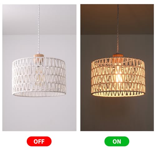 Plug in Pendant Light with Hand Woven Rattan Lampshade, Hanging Lamp with 15 FT Rope Cord On/Off Switch, Boho Pendant Light Fixture for Living Room Bedroom Kitchen Island Dinning Table - color: White