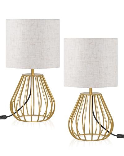 Gold Table Lamps Set of 2, Small Bedside Lamps Set of 2, 2700K LED Bulb Included, Gold Metal Base & Beige Linen Lampshade, Modern Nightstand Lamps for Bedroom, Living Room DE06TLP205 - color: 2Pack Beige + Gold