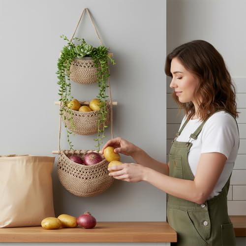 Hanging Fruit Basket, 3 Tier Woven Jute Wall Basket for Organizing, Hanging Produce Baskets for Fruit Vegetable Storage, Boho Kitchen Decor, Wall Baskets Storage for Kitchen, Bedroom, Bathroom