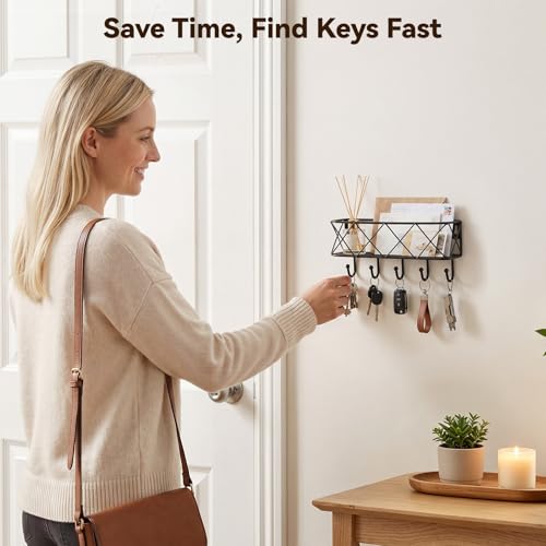 HappyHapi Key Holder for Wall Decorative, Entryway Key Hooks, Wall Mounted Key Rack with 5 Hooks, Metal Wire Mesh Basket Mail Holder, 9.8”Lx2.1”Wx4.1”H
