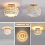 Boho Rattan Ceiling Light Fixture - 3 Style Options Wicker Semi Flush Mount Ceiling Lights,Beige Coastal Light Fixtures,Bohemian Woven Basket Chandelier for Hallway Bedroom Nursery Kitchen Laundry - color: Beige