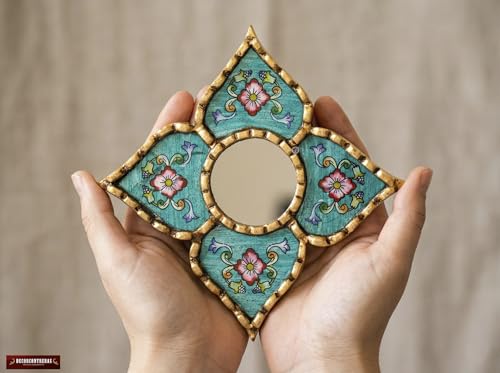Peruvian Artisan Mirror for wall Decor– Small Diamond/Square wall Mirror with Bronze Leaf Frame (Turquoise) - color: Turquoise