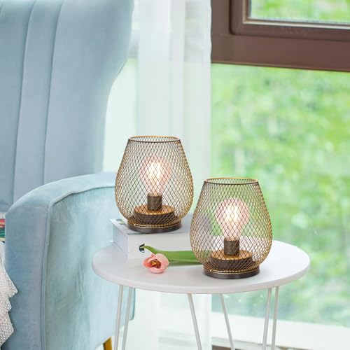 Set of 2 Battery Operated Lamp LED Table Lantern, Golden Metal Cage Cordless Lamps with LED Bulb，Vintage Decorative Outdoor Lantern for Weddings, Parties, Patio, Events for Indoor Shelf Decor - style: Golden Egg / Timer