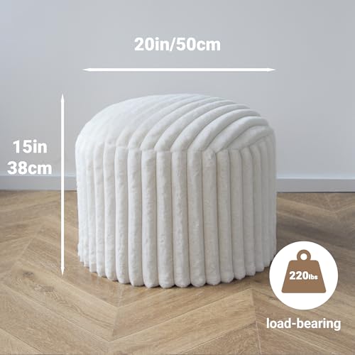 Round Stuffed Pouf Ottoman, Stripe Faux Fur Footrest, Solid Block Support+Soft Cushion Comfort, Removable Washable Cover, 20" Floor Pouf for Living Room Bedroom Dorm Vanity, Cream Beige - color: Cream White