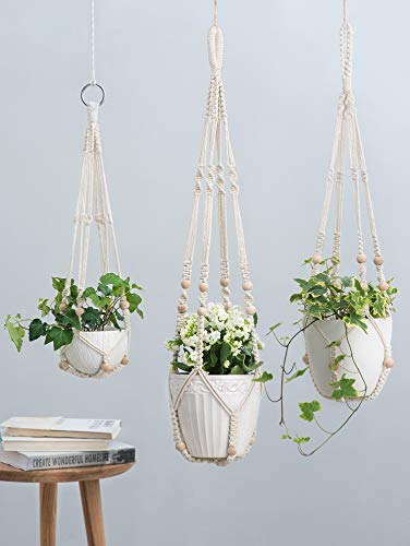 Mkono 3 Pack Macrame Plant Hangers Indoor Different Size Hanging Planter Basket Flower Pot Holder with Beads No Tassels 35"/29"/23", Medium, Ivory - color: Ivory, size: Medium