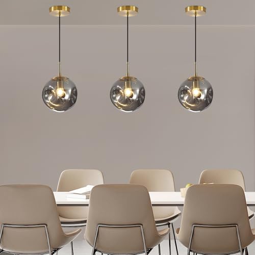 Modern Smoke Gray Concave Glass Pendant Light, 3-Pack Kitchen Island Lighting Single Globe Pendant Light Fixtures Century Kitchen Island Pendant Light for Bedroom Dining Room Light (Without Bulbs) - color: AX-Smoky Gray-1 Light-3PC