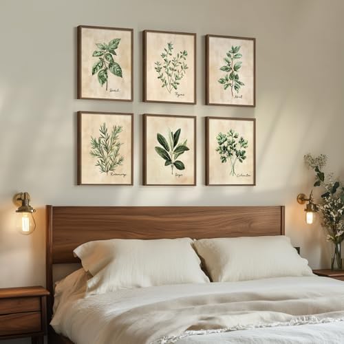 Framed Sage Green Botanical Wall Art for Kitchen, Set of 6 Rustic Herb Canvas Prints Artwork for Modern Farmhouse Walls, Herbs Spices Plant Leaf Pictures for Dining Room Living Room Bedroom Wall Decor - color: Herbs - Walnut Framed, size: 11" W x 14" H x