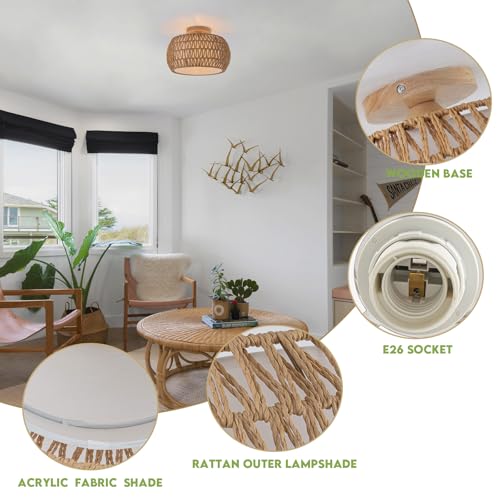 Rattan Light Chandeliers Boho Ceiling Light Fixtures Drum Flush Mount Ceiling Light Small Woven Chandelier for Kitchen Bedroom Hallway Nursery Light Fixture - color: Rattan Drum