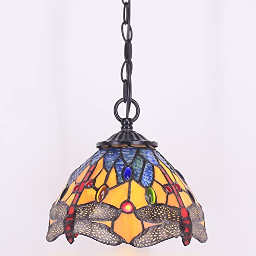 Small Tiffany Pendant Light 8 inch Tiffany Style Stained Glass Pendant Hanging Lamp Small Vintage Hanging Light Fixtures for Home Living Room Restaurant Hallway (Yellow Dragonfly Style) - color: Red Dragonfly Yellow Style