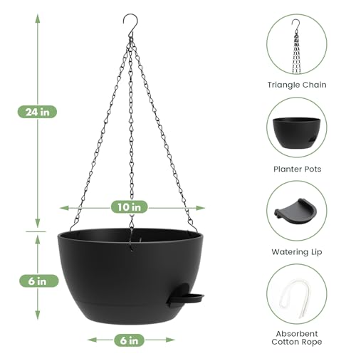 3 Pack 10 Hanging Flower Pots with Chains Self Watering Plastic Planters for Indoor Outdoor Plants, Sturdy Triangular Iron Chain Design for Garden PorchPlastic Hanging Flower pots (3, Black) - color: Black