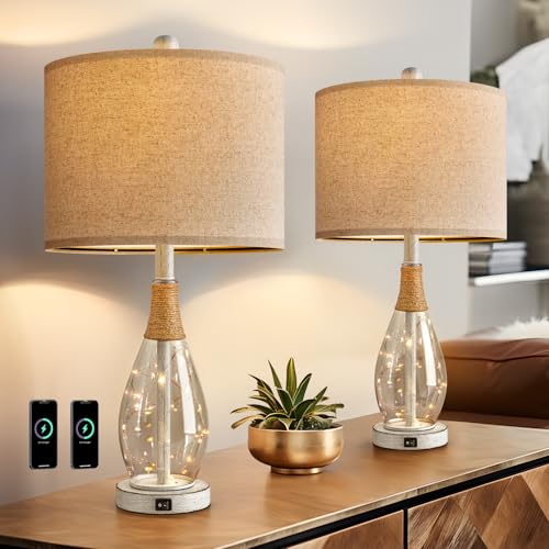 OYEARS 23" Table Lamps for Living Room Set of 2 Bedside Lamps for Night Stands Bedroom Lamps Farmhouse Rattan Boho Lamp Glass Nightlight End Table Lamp with USB C+A (White),Two Light Points - color: Washed White