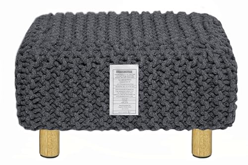 COTTON CRAFT Braided Footrest - Handknitted Dori Foot Stool with Sturdy Wood Legs – Handmade Boho Leg Rest - Small Spaces Under Desk Living Room Entryway Low Footstool Pouf - 16.5x12x9.5 - Grey - color: Cotton - Grey