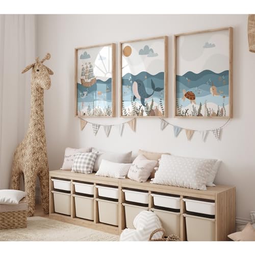Ocean Nursery Wall Art Pictures Blue Nautical Canvas Art Beach Animal Wall Decor Baby Boys Room Wall Art Sea Whale Prints Ocean Nautical Poster for Nursery Baby Room 12x16 Inch Set of 3 Unframed - color: Ocean Nursery Prints, size: 12x16 Inch Unframed