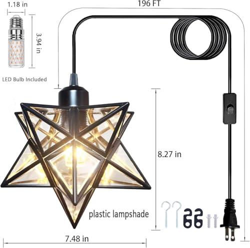 AECBUY, Clear PVC Star Ceiling Hanging Droplight Retro Style Black Metal Pendant Lamp Industrial Plug in Light to for Dining Room Living Bedroom, ddct210929B04 - color: Black-transparent