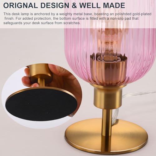 Mid Century Glass Table Lamp,Dimmable Desk Lamp,LED Bulb Included,Timer Build-in,Pink Ribbed Glass - color: Pink Ribbed, size: Timer