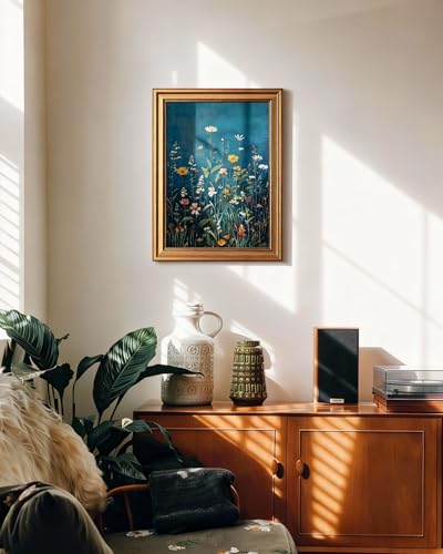 HUARCEY Framed Canvas Wall Art Vintage Decor, Wildflowers Picture Decor, Rustic Vintage Neutral Canvas Paintings Retro Table Desk Pictures for Bedroom Living Room, 12x16Inch - color: Blue Wildflowers, size: 16"L x 12"W