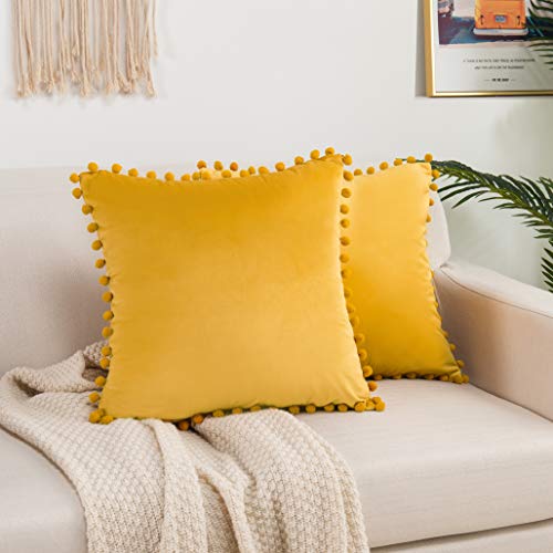 Elegant Comfort POM-POMS Fringe Velvet Cushion Covers Set of 2, Velvet Soft Solid Decorative Square Throw Pillow Covers Set Cushion Case for Couch Bed, Livingroom 18 x 18 Inch (45 x 45 cm), Gold/Camel - color: Gold/Camel, size: 18" x 18" (Pack of 2)