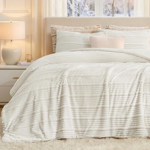 Amélie Home Premium Fleece King Size Comforter Set,Soft Fuzzy Striped Flannel Bedding Set, 3 Pieces, 1 Cozy Comforter with 2 Pillowcases, Ivory, 106"x90" - color: Striped Ivory, size: King (106"x90")