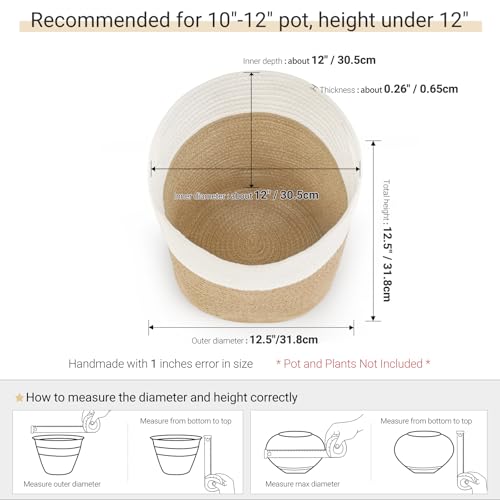 Dahey Jute Spliced Cotton Rope Plant Basket Modern Woven Storage Basket for 12" Floor Indoor Planter, Decorative Flower Pots Cover Laundry Bin with Handle Rustic Home Decor, White and Beige - color: White and Beige, size: 12"W × 12"H