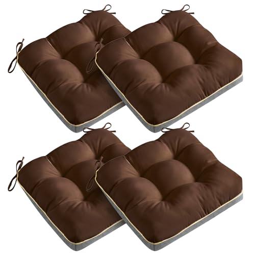 4 Pack 19x19 Inch Shredded Foam Chair Cushions with Straps - All-Season Seat Pads for Indoor/Outdoor Dining, Office, Patio, Kitchen Chairs (Dark Brown, 19 INCH × 19 INCH) - color: Dark Brown