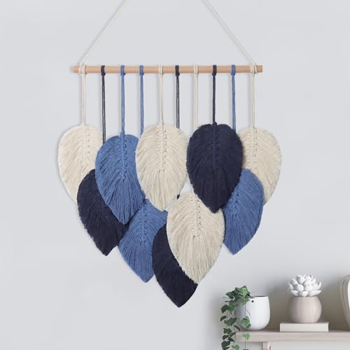 Weldomcor Macrame Wall Hanging Leaves Chic Woven Leaf Tassels Decoration Cotton Ornaments Tapestry Room Decor Modern Bohemian Handmade Feather Wall Art Decorations for Apartment Backdrop (Navy Blue) - color: Navy Blue