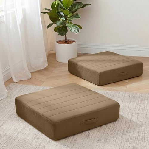 MeMoreCool Square Floor Pillows for Adults Kids, 2 Sets Large Meditation Cushion with 5" Thick Foam and Washable Tufted Cover, 22 Inch Coffee Seat Floor Cushions for Sitting and Yoga - color: Light Coffee, size: 22 Inch